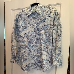 Elegant Blue Paisley Women's Button Down Shirt Cotton